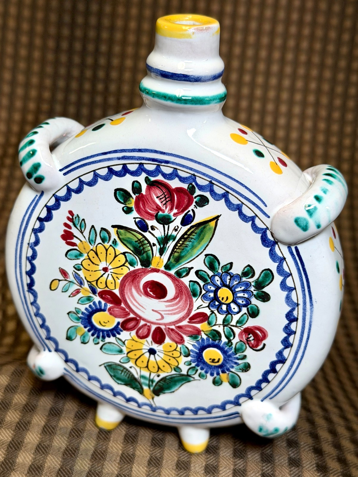Vintage Modra Hand Painted Ceramic Flask Decanter Folk Art Floral Decoration
