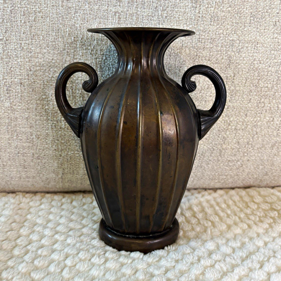 Vintage Double Handle Ribbed Metal Vase Home Accents Decor