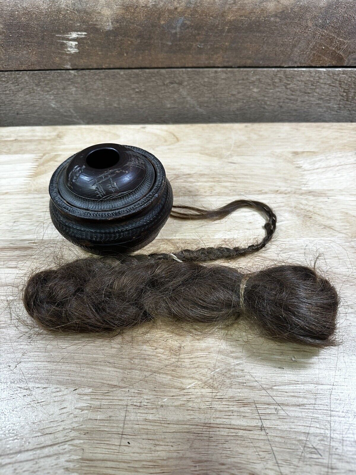 Vintage Asian Wood Carved Hair Receiver W/Hair 