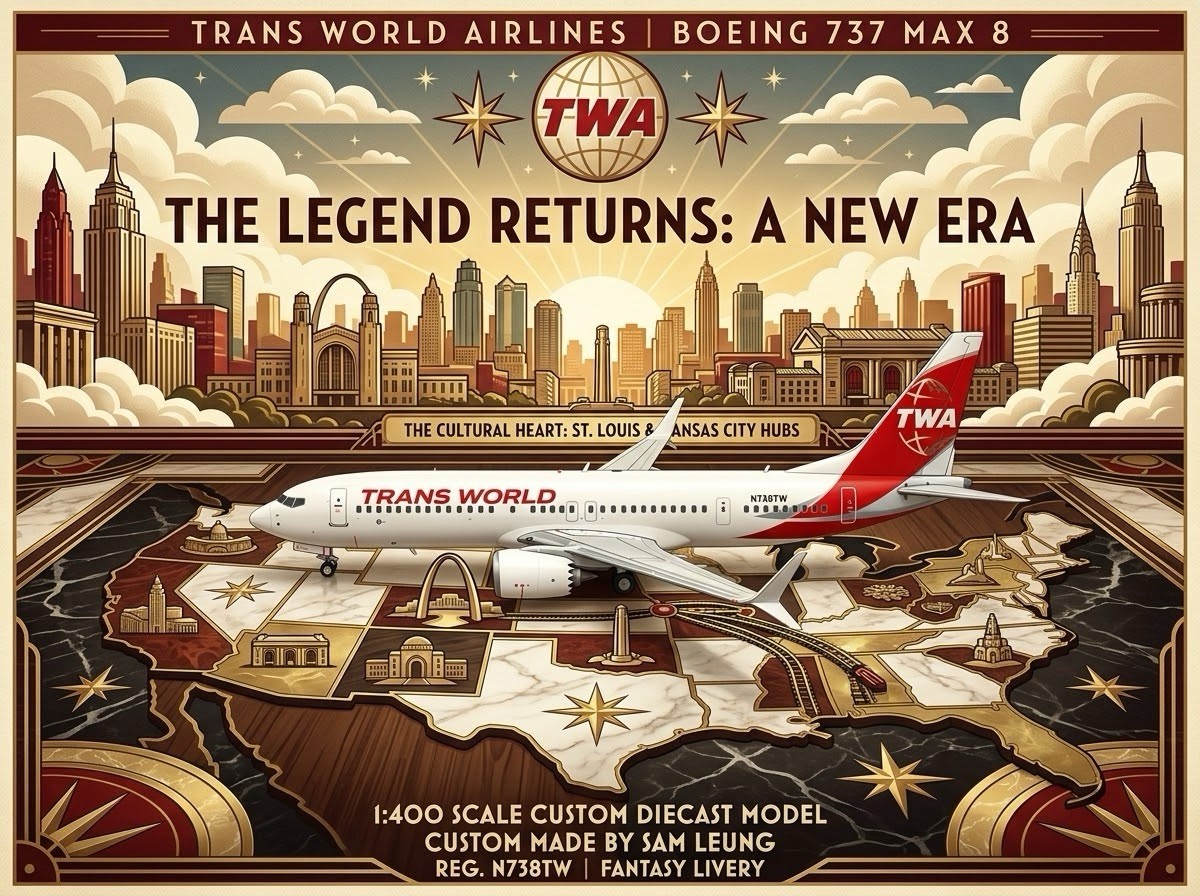 JC Wings 1:400 TWA Trans World Airlines B737-8 Max Fantasy Custom Diecast Model JC Wings 1:400 TWA Trans World Airlines B737-8 Max Fantasy Custom Diecast Model