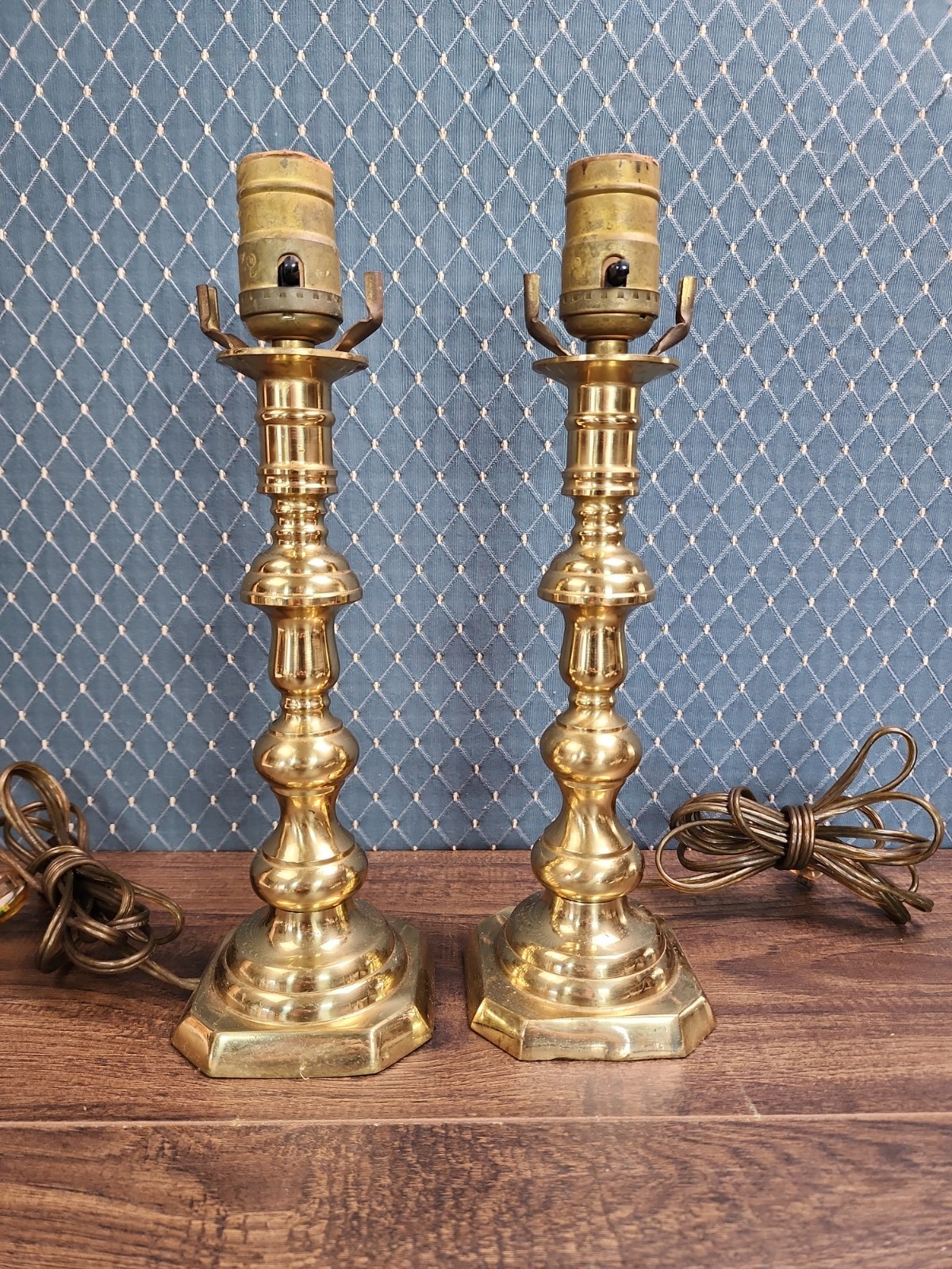 Vintage Pair Solid Brass Candlestick Lamps Ornate Neoclassical Octagonal Base Vintage Pair Solid Brass Candlestick Lamps Ornate Neoclassical Octagonal Base