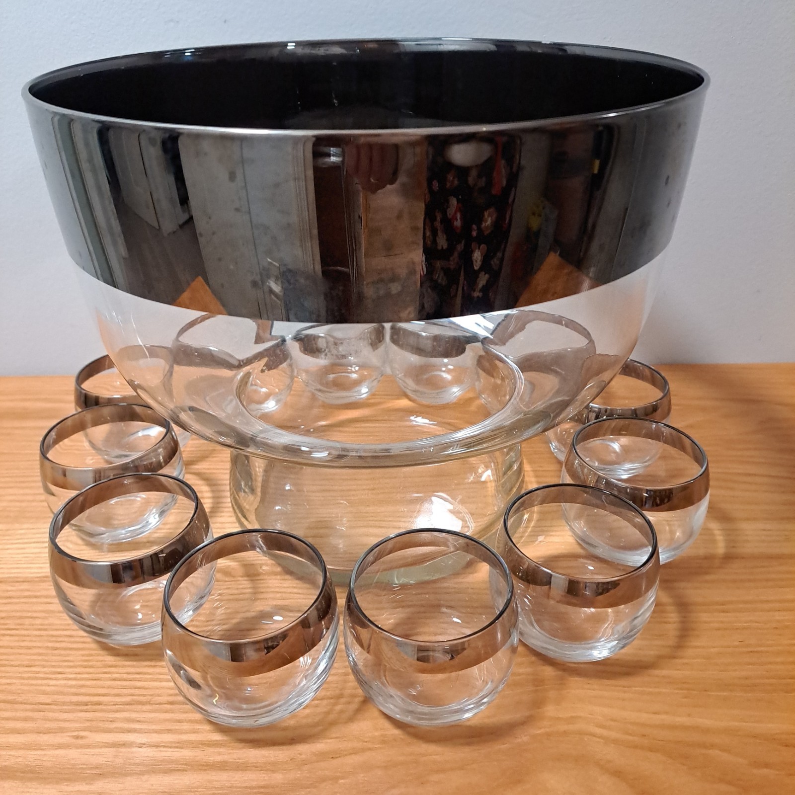 Vintage MCM Dorothy Thorpe Style Silver Rimmed Punch Bowl & 12 Roly Poly Glasses