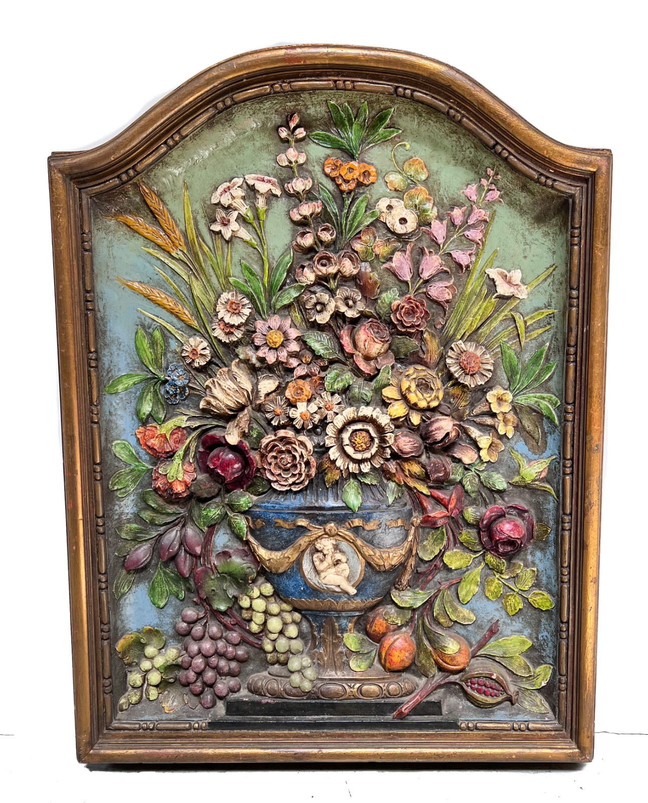 Polychrome Plaster Framed Panel bas relief an urn with bouquet of flowers Polychrome Plaster Framed Panel bas relief an urn with bouquet of flowers