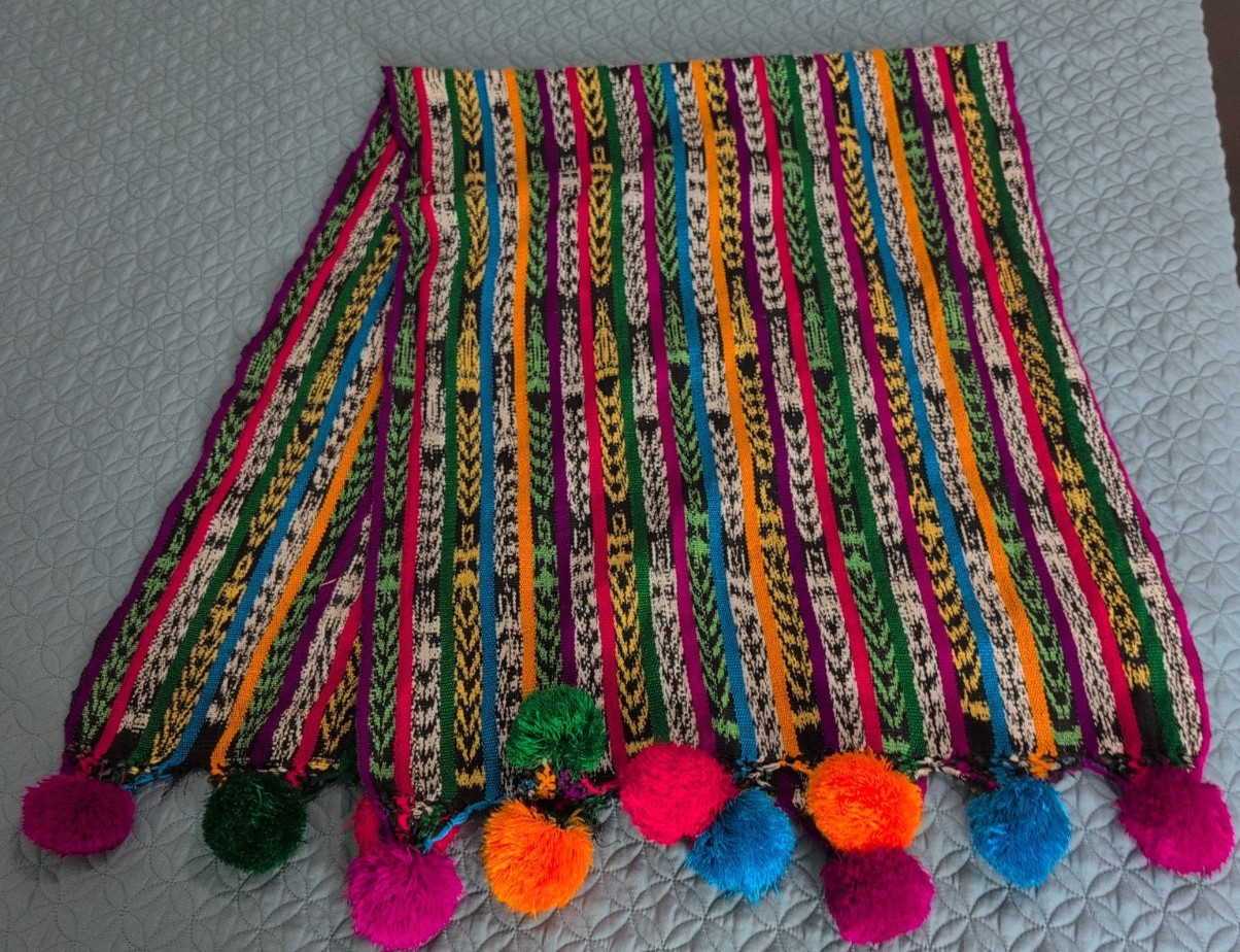 Vintage Guatemalan Handwoven Textile Throw Blanket Table Runner Pom Poms 71x24