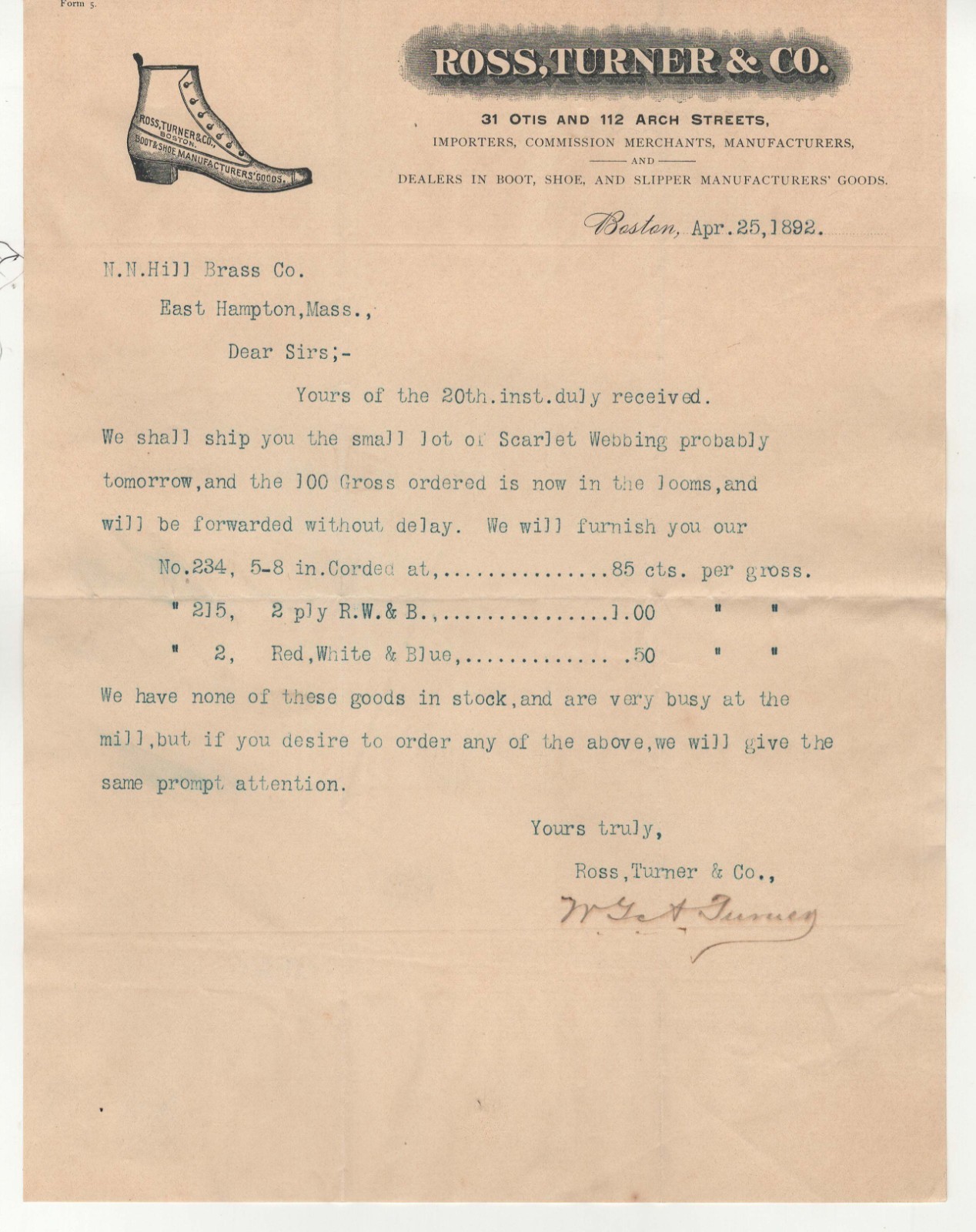 1892 Ross Turner Shoes Boots Boston, MA  Illustrated Letterhead