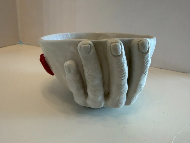 Vintage Hand Holding Bowl  Signed Hand Made 5 1/2