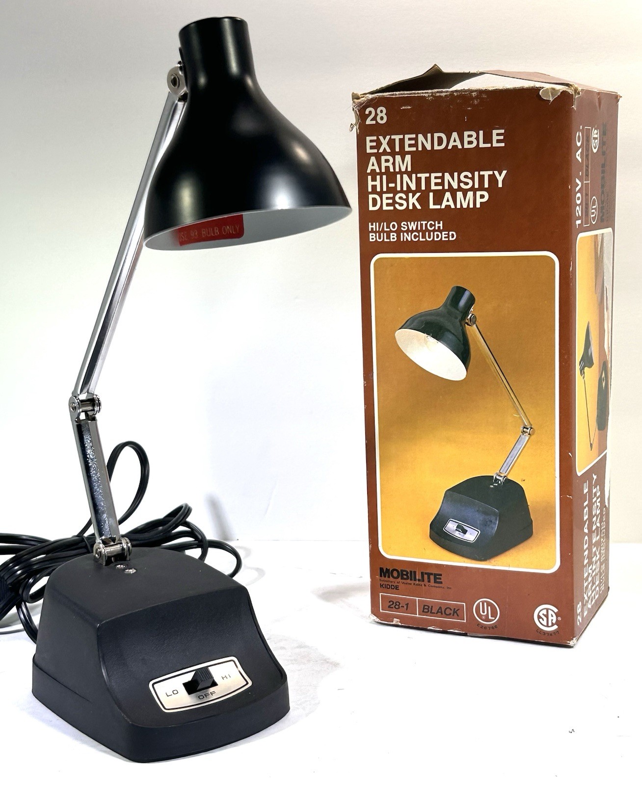 VTG 1979 Mobilite Articulating Black Industrial Desk Lamp • Hi / Low Switch