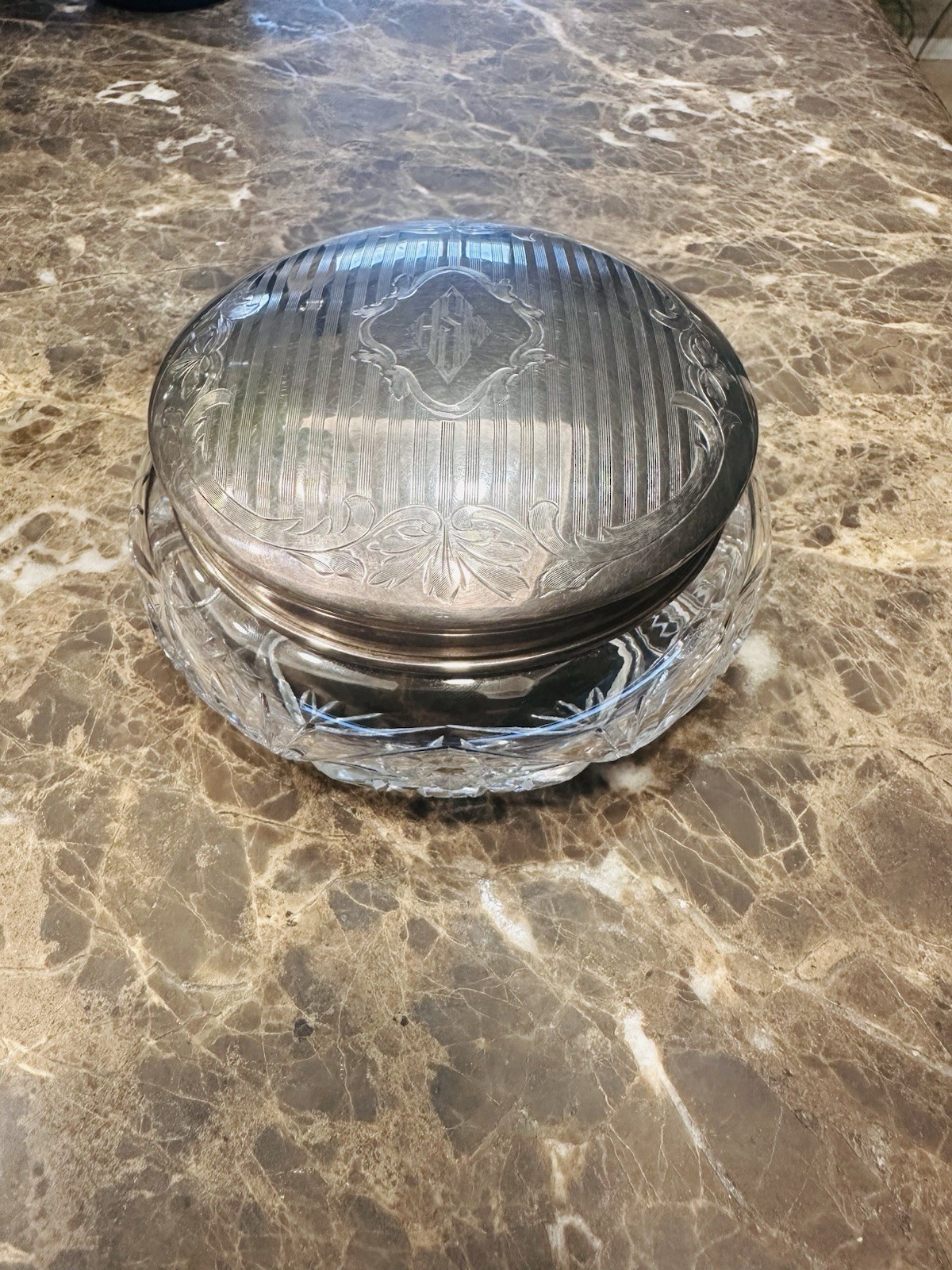 Antique ALVIN Sterling Silver Cut Crystal Dresser Vanity Jar Monogram 4”