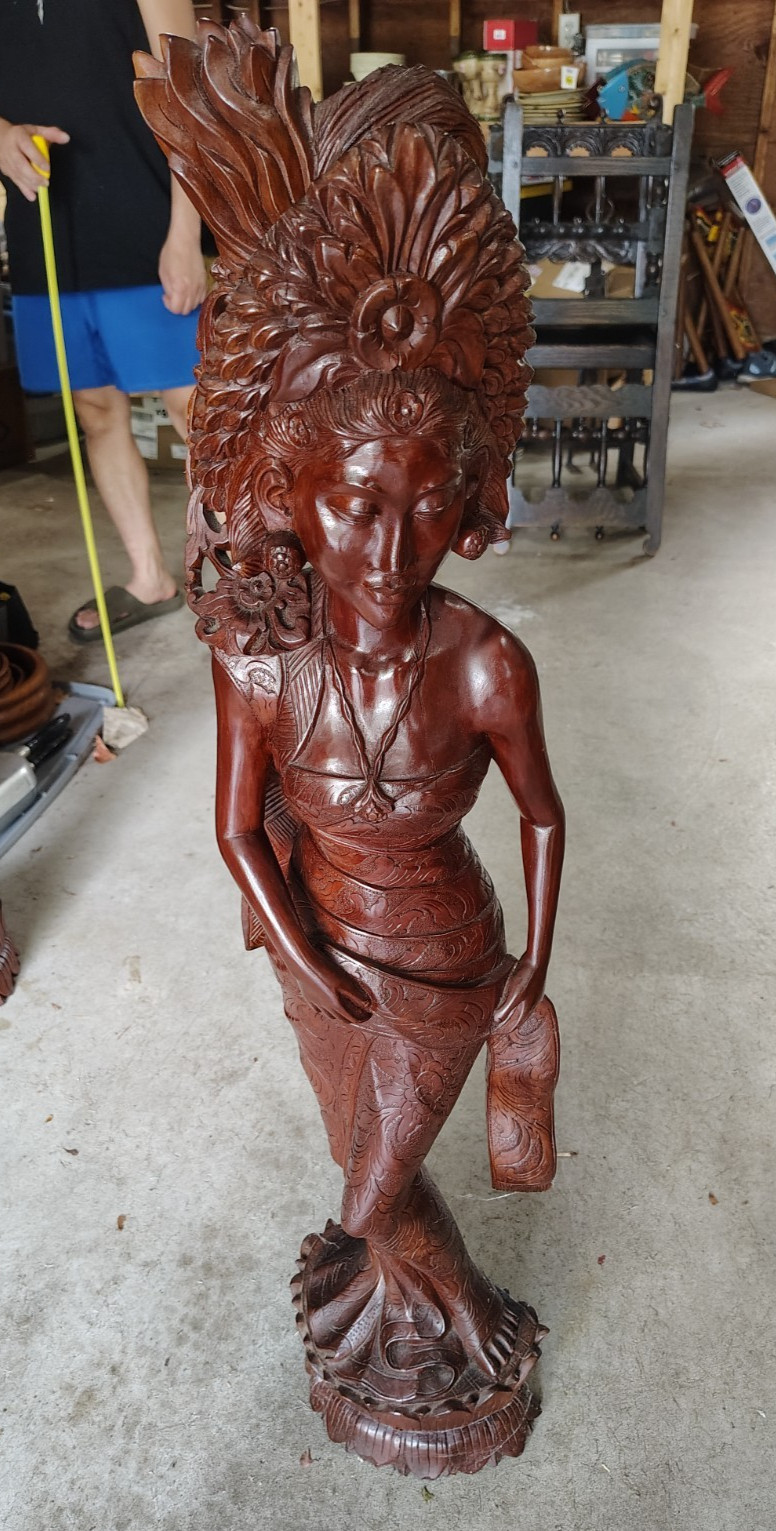 VTG, Hand-Carved, Balinese, Wooden, Statue/Sculpture, Woman W Flowers, Large 41