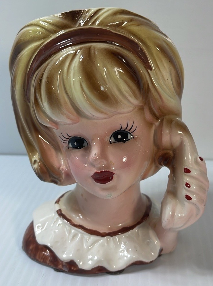 Vintage Lady Head Vase Teenager Inarco E-3548 Telephone Planter Retro Japan