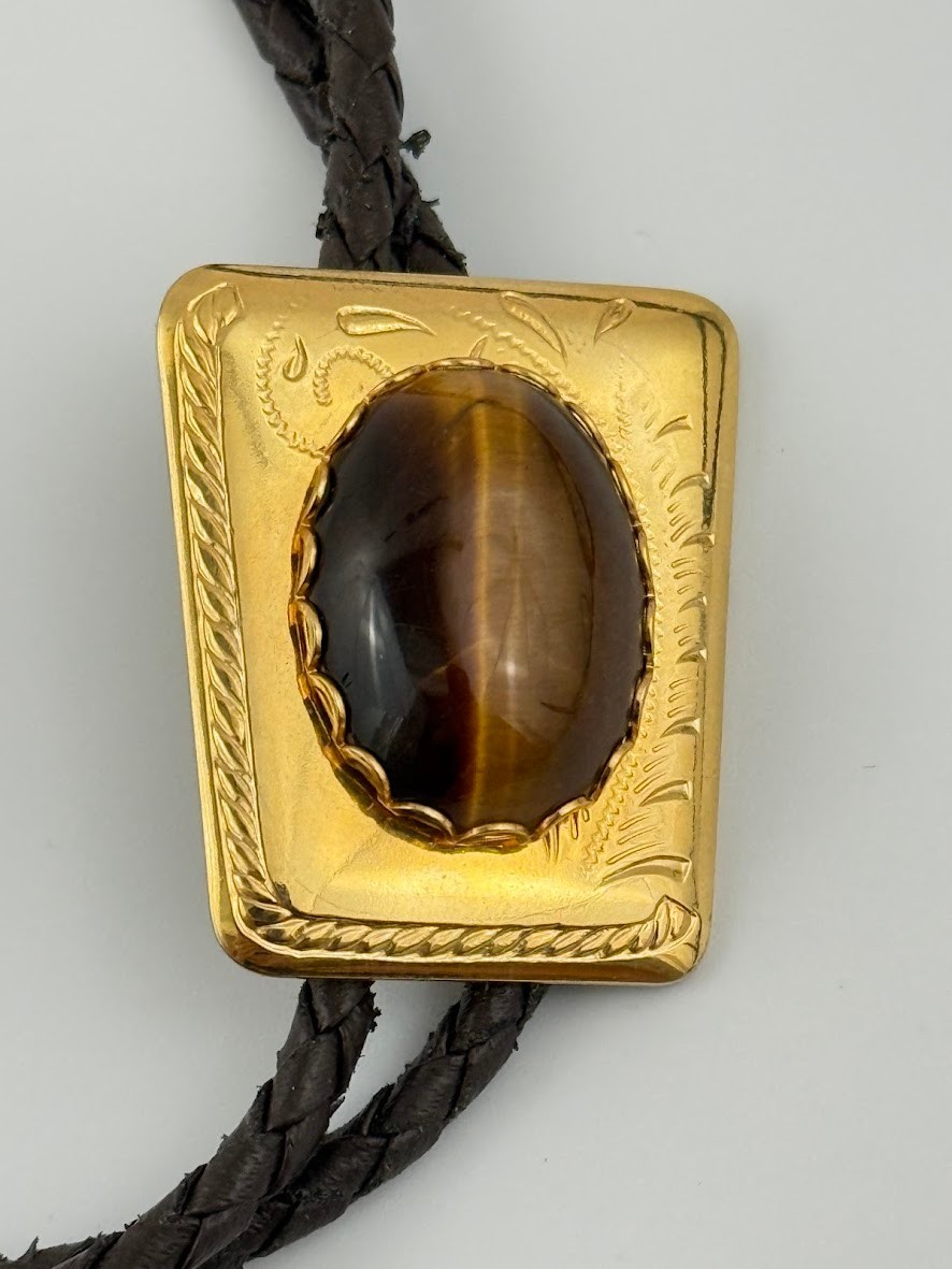 Vtg Tiger Eye Gold Tone Engraved Western Bolo Tie Cowboy Rodeo Southwestern