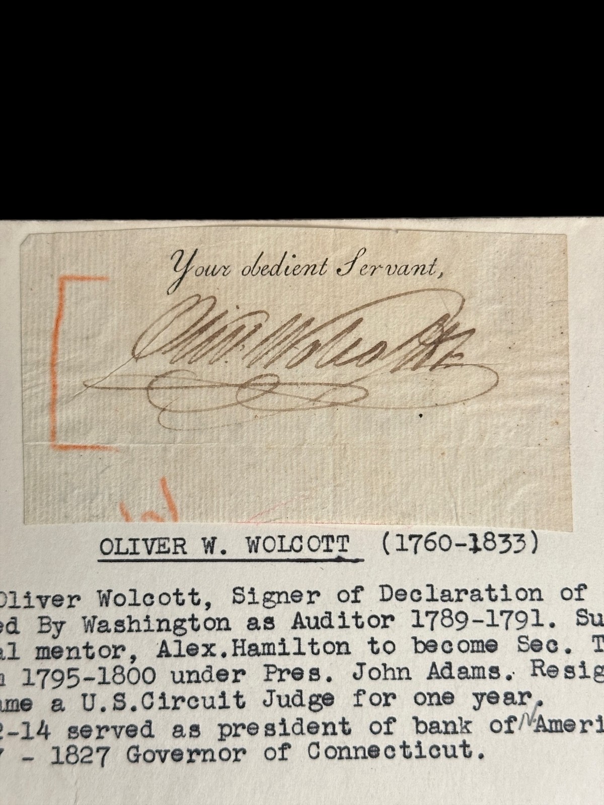 Oliver Wolcott Jr. Signed Autograph Treasury Secretary John Adams Era Judge Rare