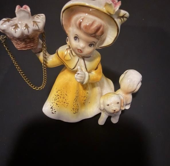 Vintage Ardalt Japan Girl in Sunny Yellow Dress with Dog & Basket 3.5\