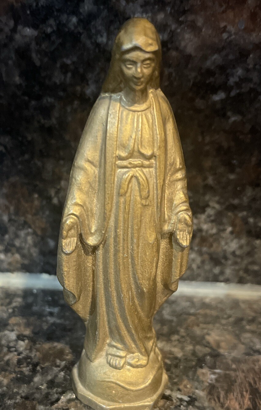 Vintage Painted Gold Metal Virgin Mary  Statue Figure, 4.5\