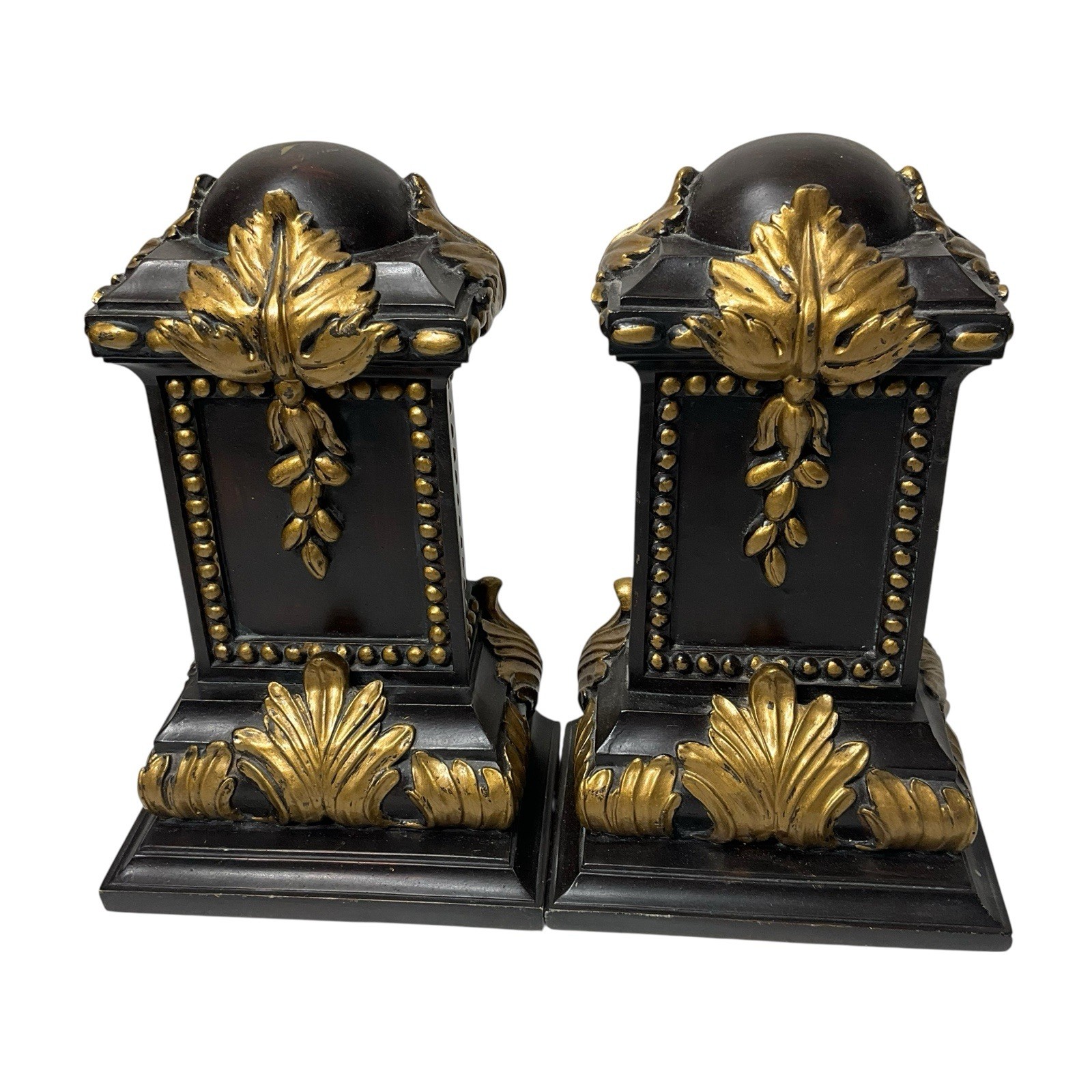 VTG Hollywood Regency Gold Gilded/Black Bookends Acanthus Leaf Pedestal 7” MCM VTG Hollywood Regency Gold Gilded/Black Bookends Acanthus Leaf Pedestal 7” MCM