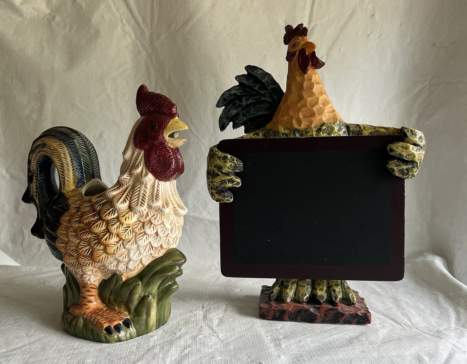 Lot of 2 Rooster Kitchen Decor - Ganz Resin Menu Chalkboard & Ceramic Figurine