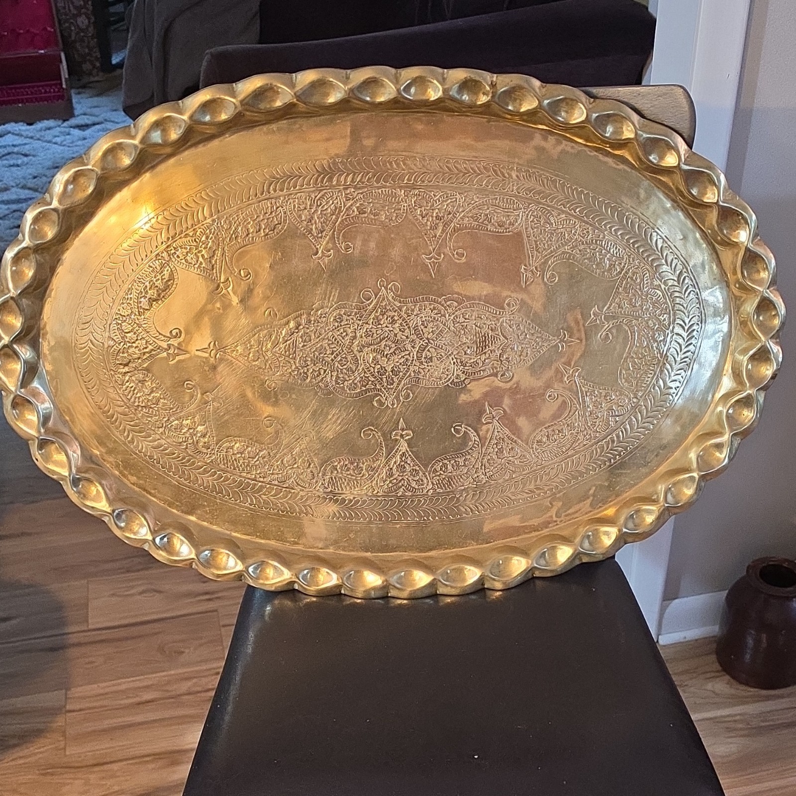 Large Oval Gold-Tone Metal Engraved Serving Tray Decorative Table Centerpiece