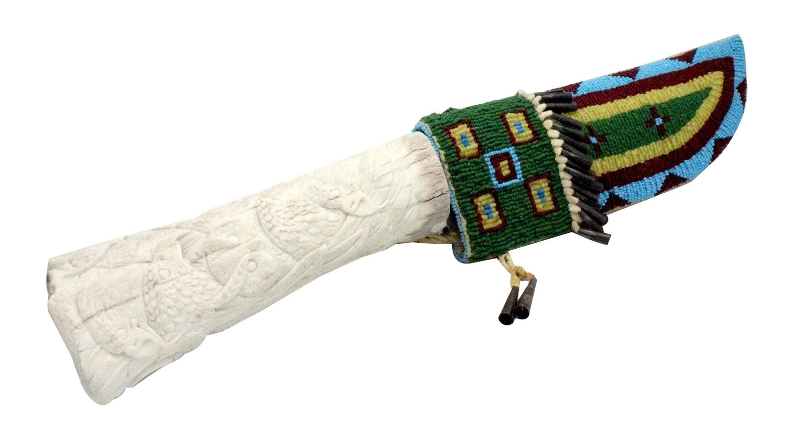 Davin Singer, Handmade Knife, Carved Antler Handle, Beaded Sheath? Davin Singer, Handmade Knife, Carved Antler Handle, Beaded Sheath?
