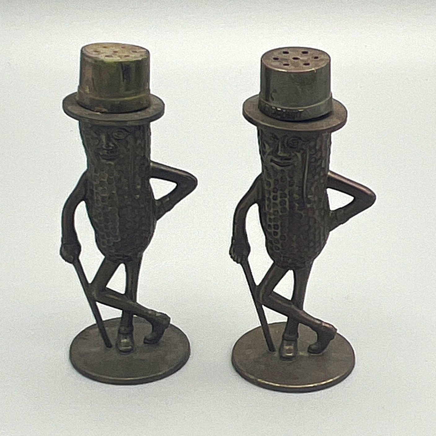Vintage Bronze Metal Peanut Man Character Salt & Pepper Shakers Set Of 2