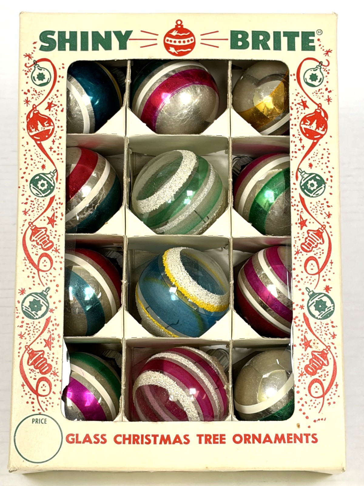 VTG 1950s Shiny Brite Mercury Glass Christmas Ornaments Lot 12 Striped Balls Box VTG 1950s Shiny Brite Mercury Glass Christmas Ornaments Lot 12 Striped Balls Box