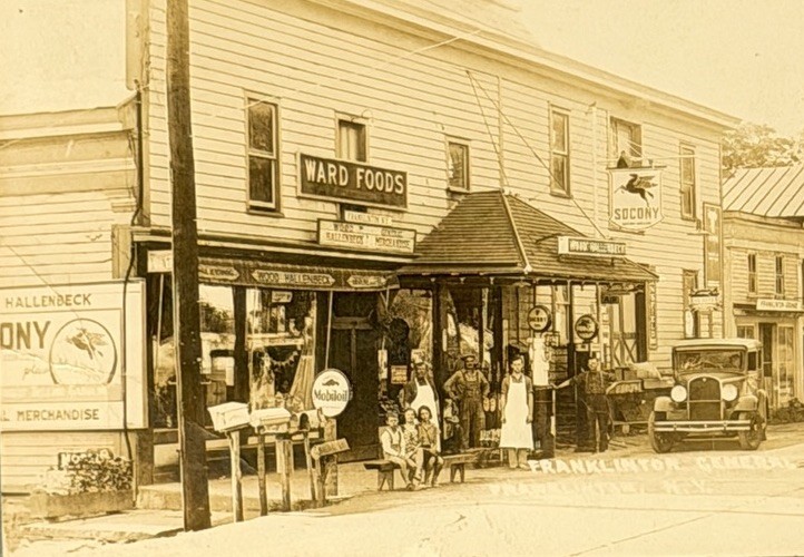 Vintage Franklinton NY General Store Postcard Socony Gas Pump Ward Foods Sign