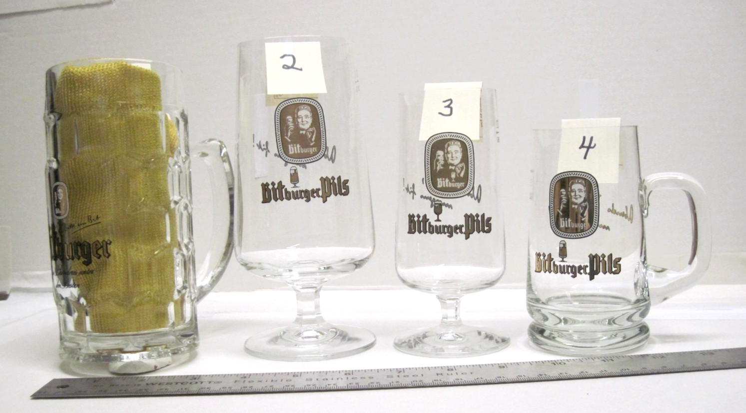 3 BITburger Pils German beer glasses + mug, liter amts from 0.2L to 0.4L Vy Gd C 3 BITburger Pils German beer glasses + mug, liter amts from 0.2L to 0.4L Vy Gd C