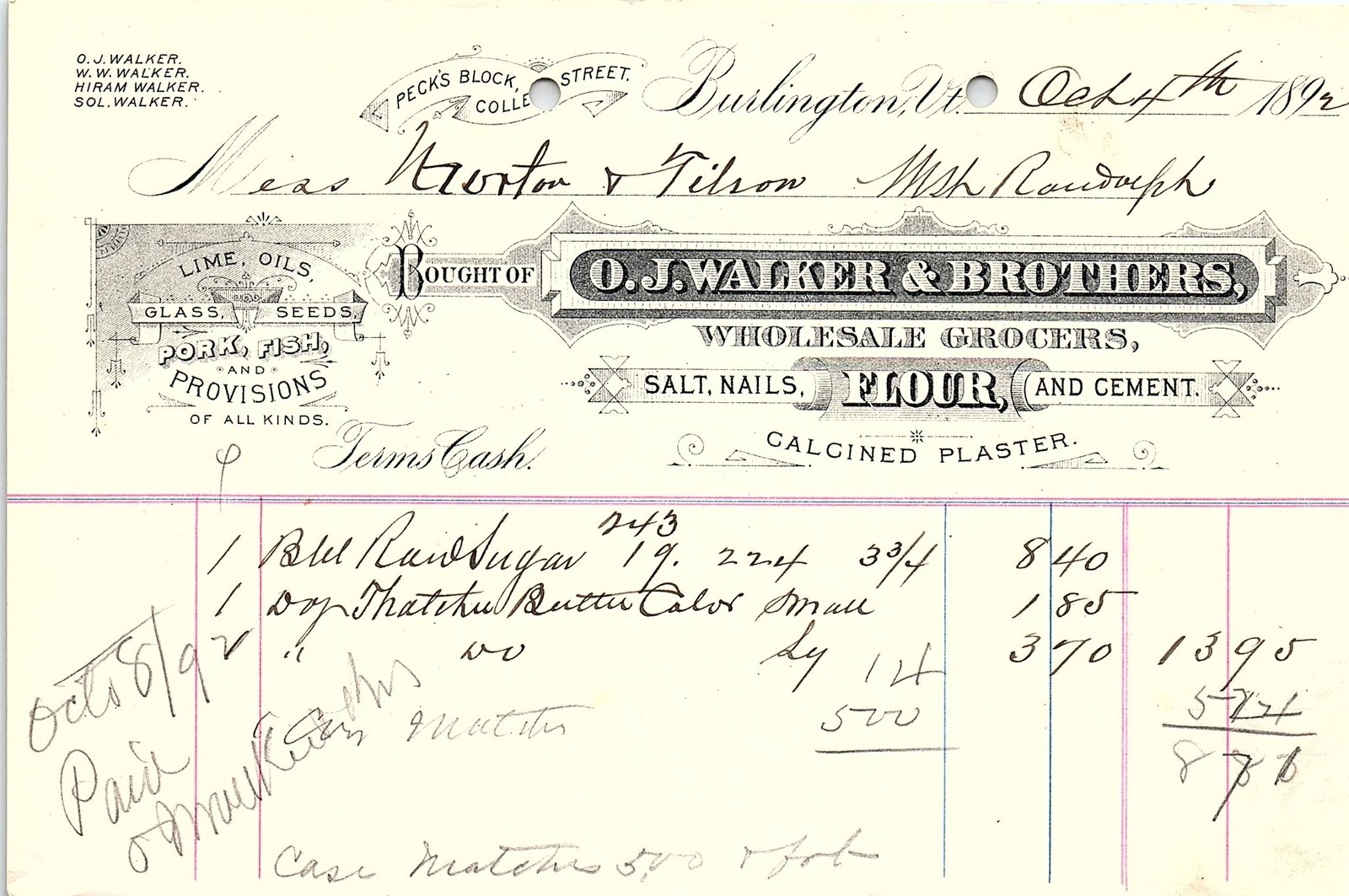 1892 Burlington VT Wholesale Grocers O.J. Walker Billhead 1892 Burlington VT Wholesale Grocers O.J. Walker Billhead