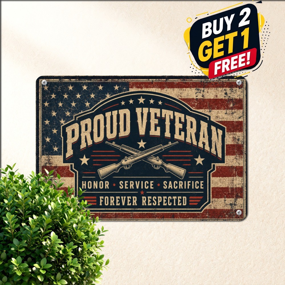 Proud Military Veteran Tin Sign Nostalgic Patriotic Home Wall Metal Plaque