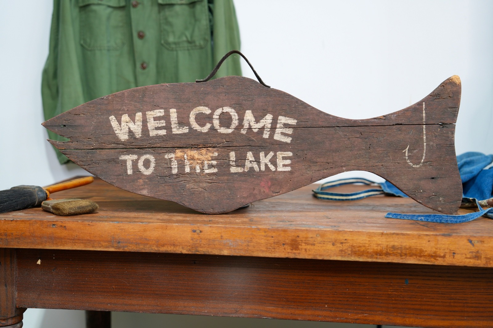 Antique Lake house Fishing Tackle Lure Wood Sign Leather Handle Vintage Original
