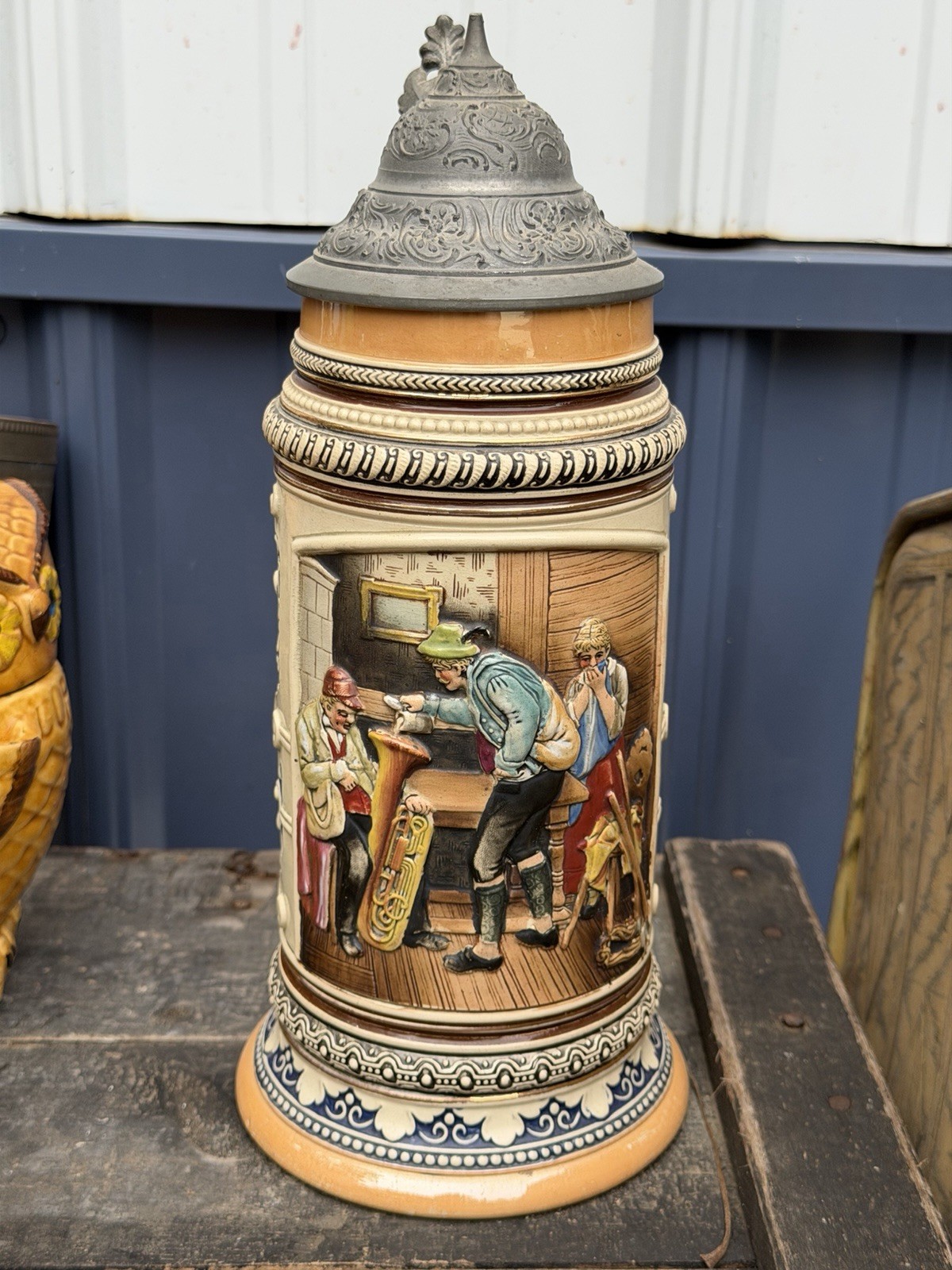 Vintage Marzi Remy German Beer Stein 1L Mold 5161 Humorous Tuba Prank Scene