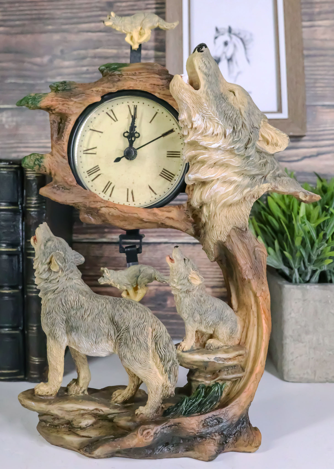 Ebros Howling Gray Wolves Family Table Clock with Pendulum 10.5\