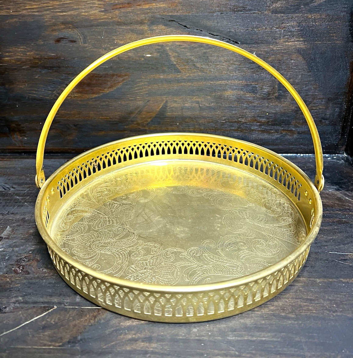 Vintage Scandia Guld Sweden 24k Gold Plated Gallery Basket Tray Handle Etched 