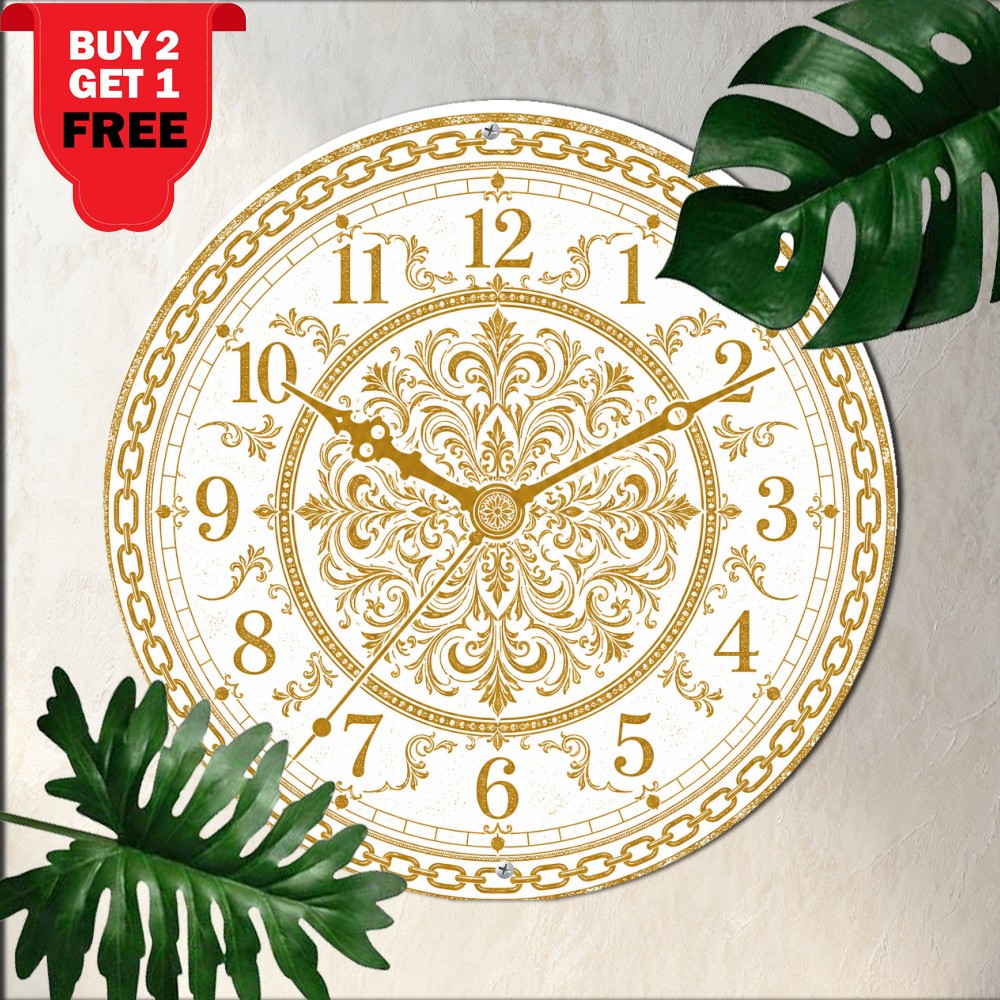 Baroque Mandala Chain Border Engraved Clock Dial Face Round Metal Tin Sign