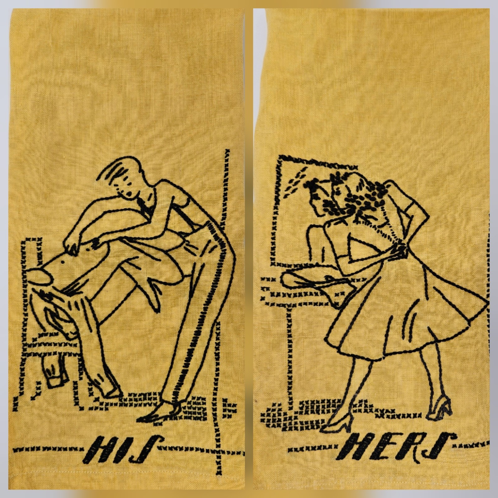 VTG 1950’s Hand Embroidered His & Hers Pure Linen Towels VTG 1950’s Hand Embroidered His & Hers Pure Linen Towels
