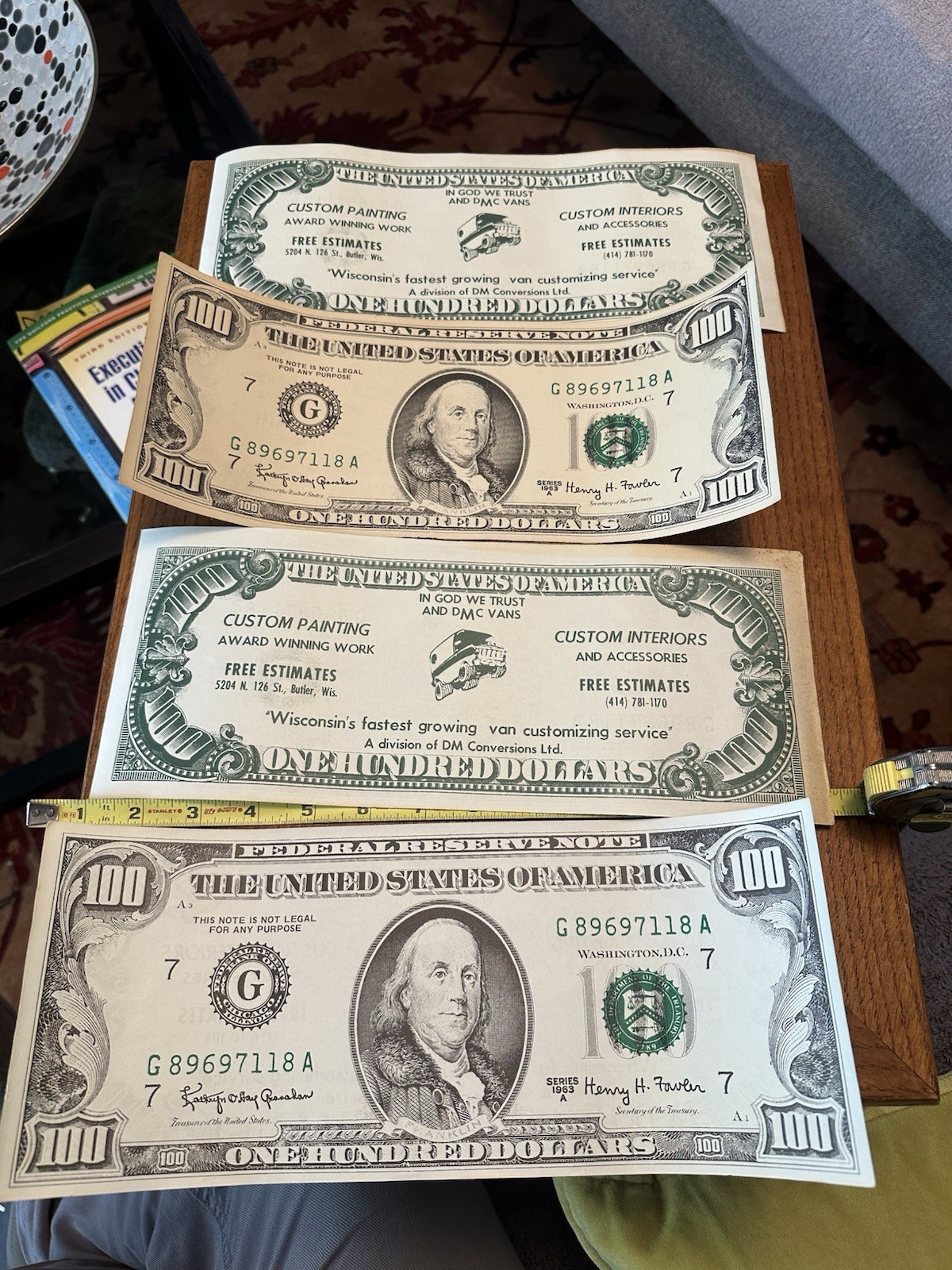 Vintage 1970’s Advertising Paper Money Bills $100 Custom Vans DMC