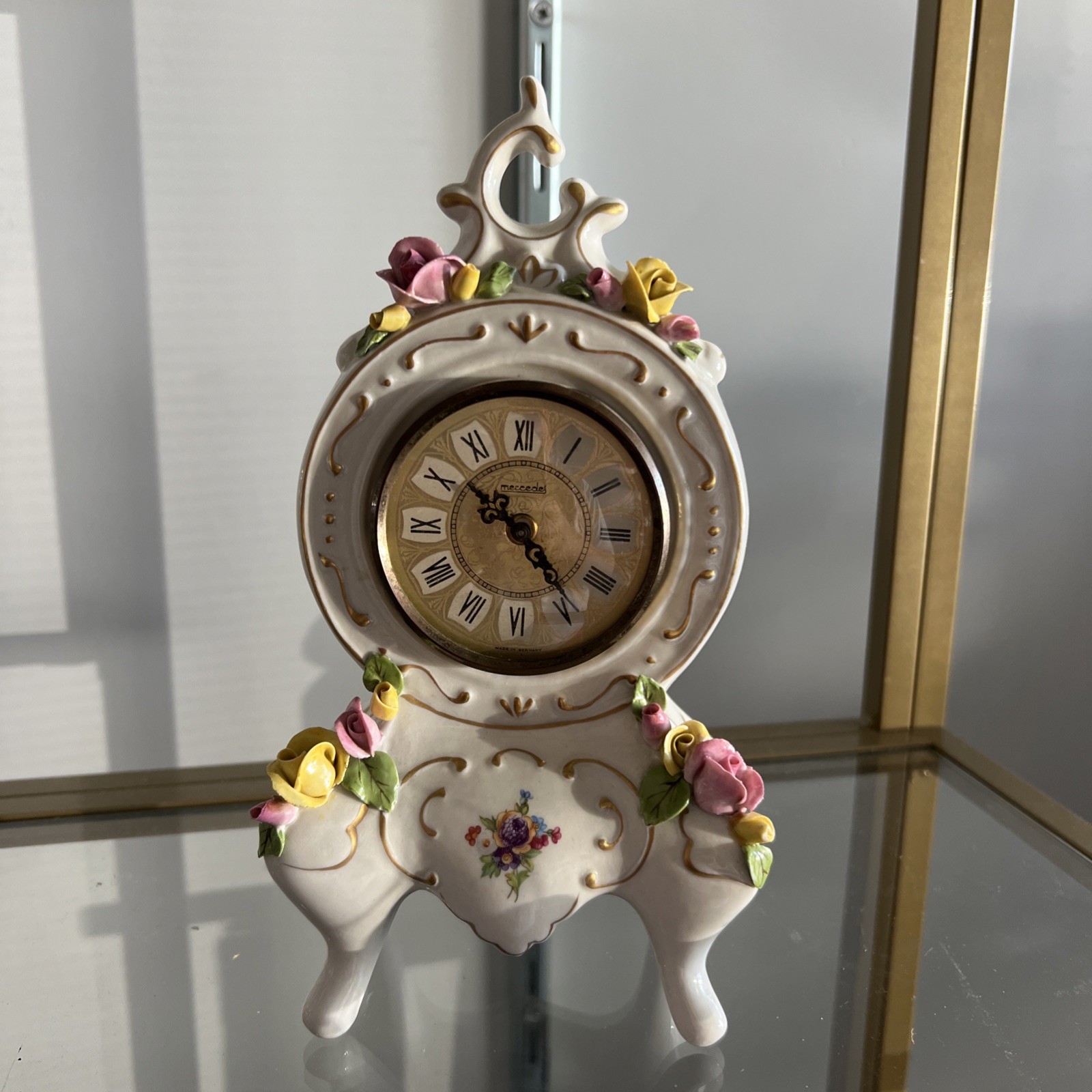 Vintage Crown N Handarbeit Capodimonte Style Porcelain Floral Clock German