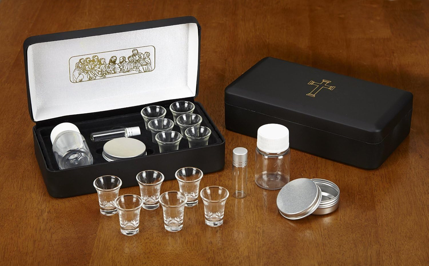 The Last Supper Six (6) Cup Travel Portable Communion Set in Leather like Case