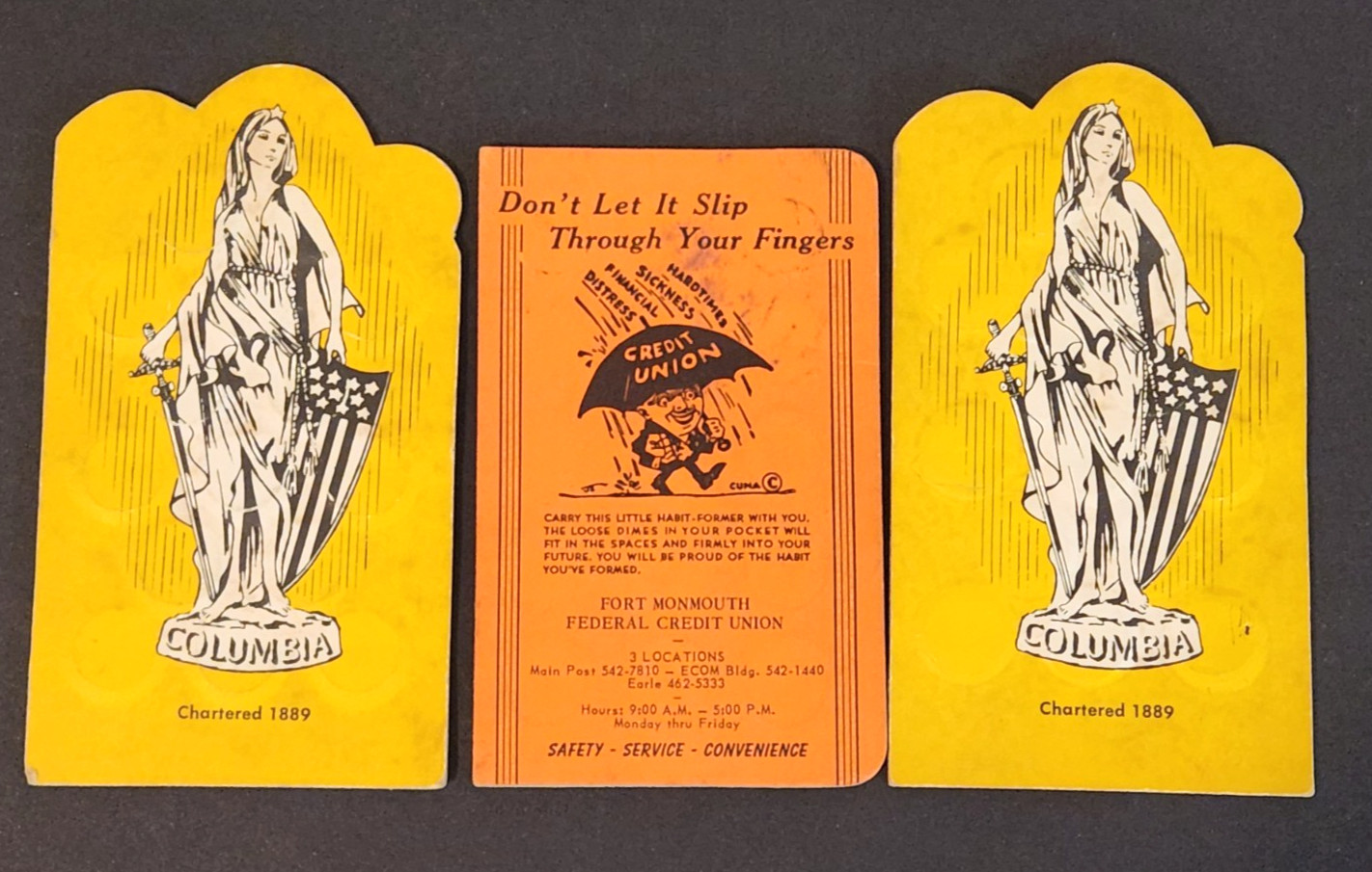 (3) Vintage Columbia Bank Dime Books + Fort Monmouth Credit Union Savings Book