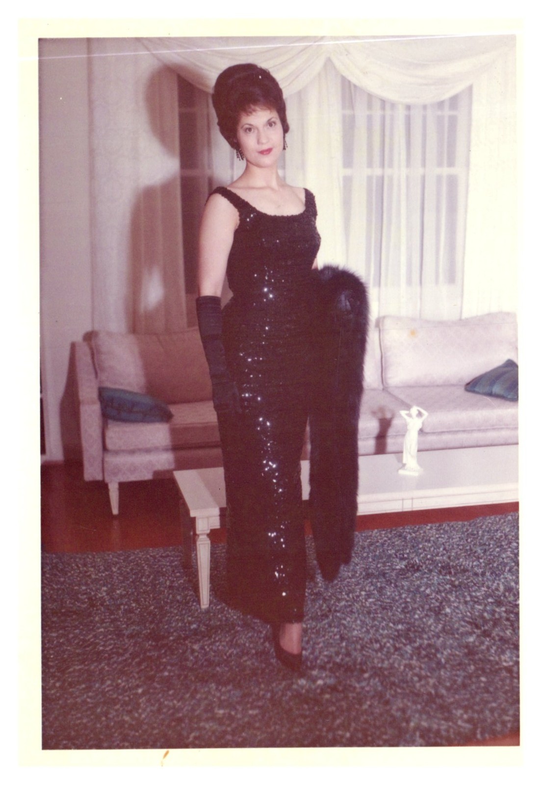 1960s Elegant Woman Black Sequin Gown Gloves Fur Stole Vintage Photo 1960s Elegant Woman Black Sequin Gown Gloves Fur Stole Vintage Photo