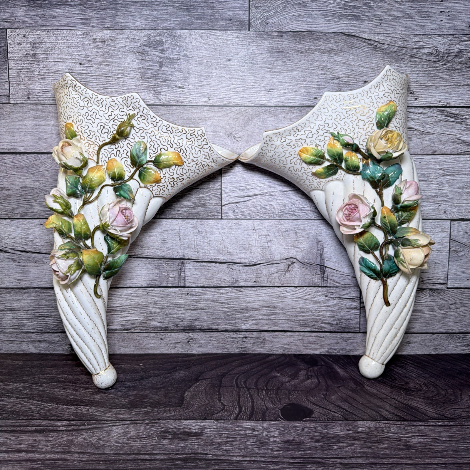 Pair Vintage Capodimonte Style Ceramic Cornucopia Horn Wall Pocket Planters