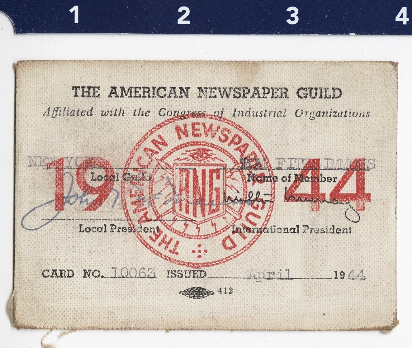 1944 American Newspaper Guild Member Card of Photographer Thomas Fitzsimmons 1944 American Newspaper Guild Member Card of Photographer Thomas Fitzsimmons