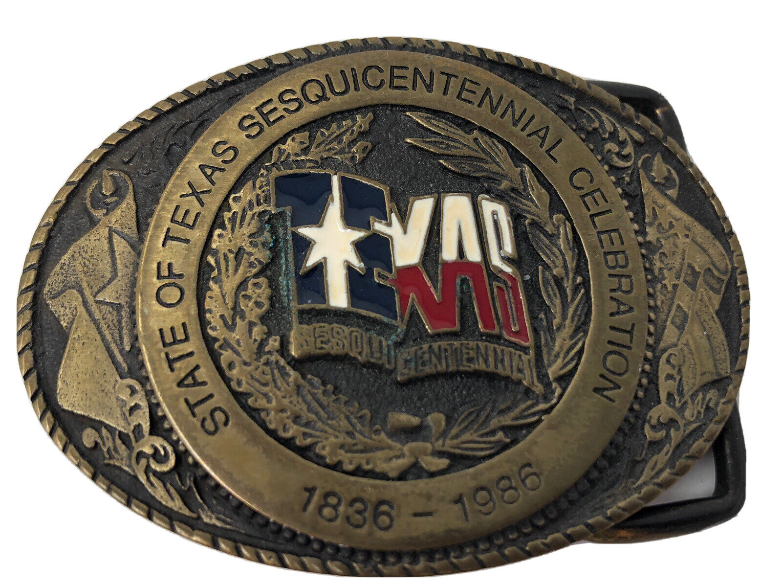 State of Texas Sesquincentennial Belt Buckle Brass USA #1857 1836 - 1986 Vintage