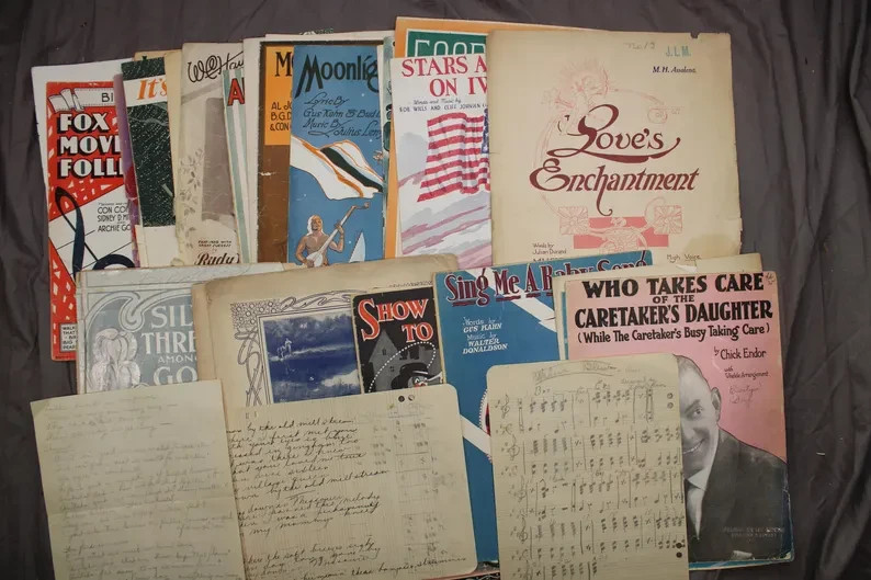 Vintage 1920s-1930s Sheet Music Lot + Handwritten Pages – Poor Condition Vintage 1920s-1930s Sheet Music Lot + Handwritten Pages – Poor Condition