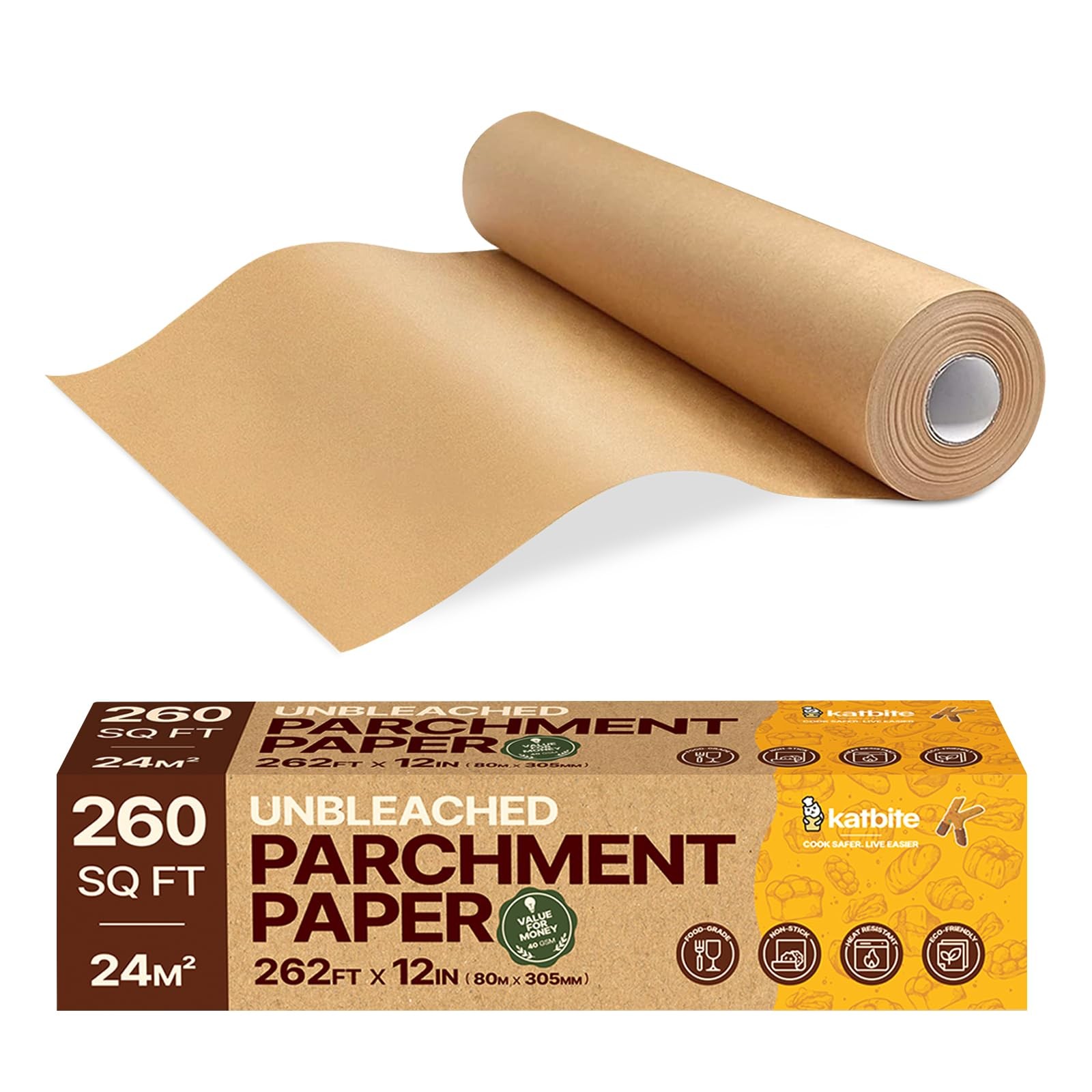 Katbite Unbleached Parchment Paper Roll, 12 in x 262 ft, 262 12x262FT, Brown