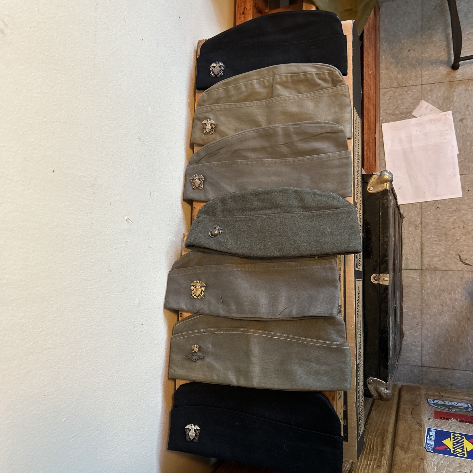 WW2 US NAVY Caps With ORIGINAL Rank Pins + 1 FREE USMC Cap 7 Total WW2 US NAVY Caps With ORIGINAL Rank Pins + 1 FREE USMC Cap 7 Total
