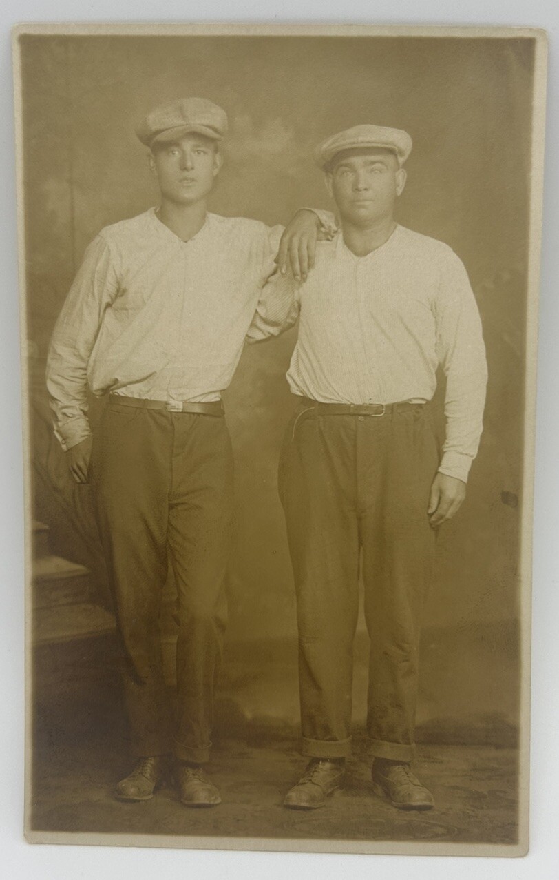 VTG B&W RPPC Two Men Affectionate Dressed like Twins Newsboy Hat Postcard VTG B&W RPPC Two Men Affectionate Dressed like Twins Newsboy Hat Postcard