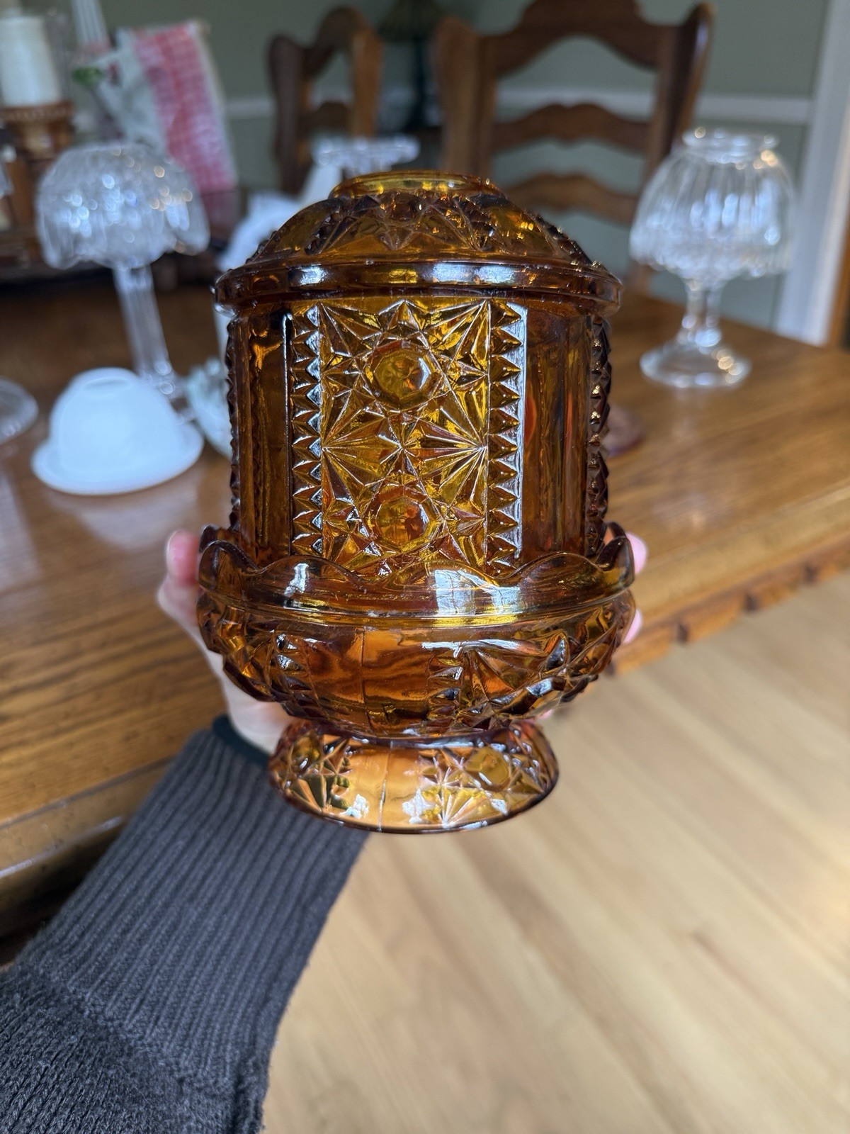 Vintage Amber Glass Fairy Lamp Covered Candle Light Stars and Bars Style 2 Piece Vintage Amber Glass Fairy Lamp Covered Candle Light Stars and Bars Style 2 Piece