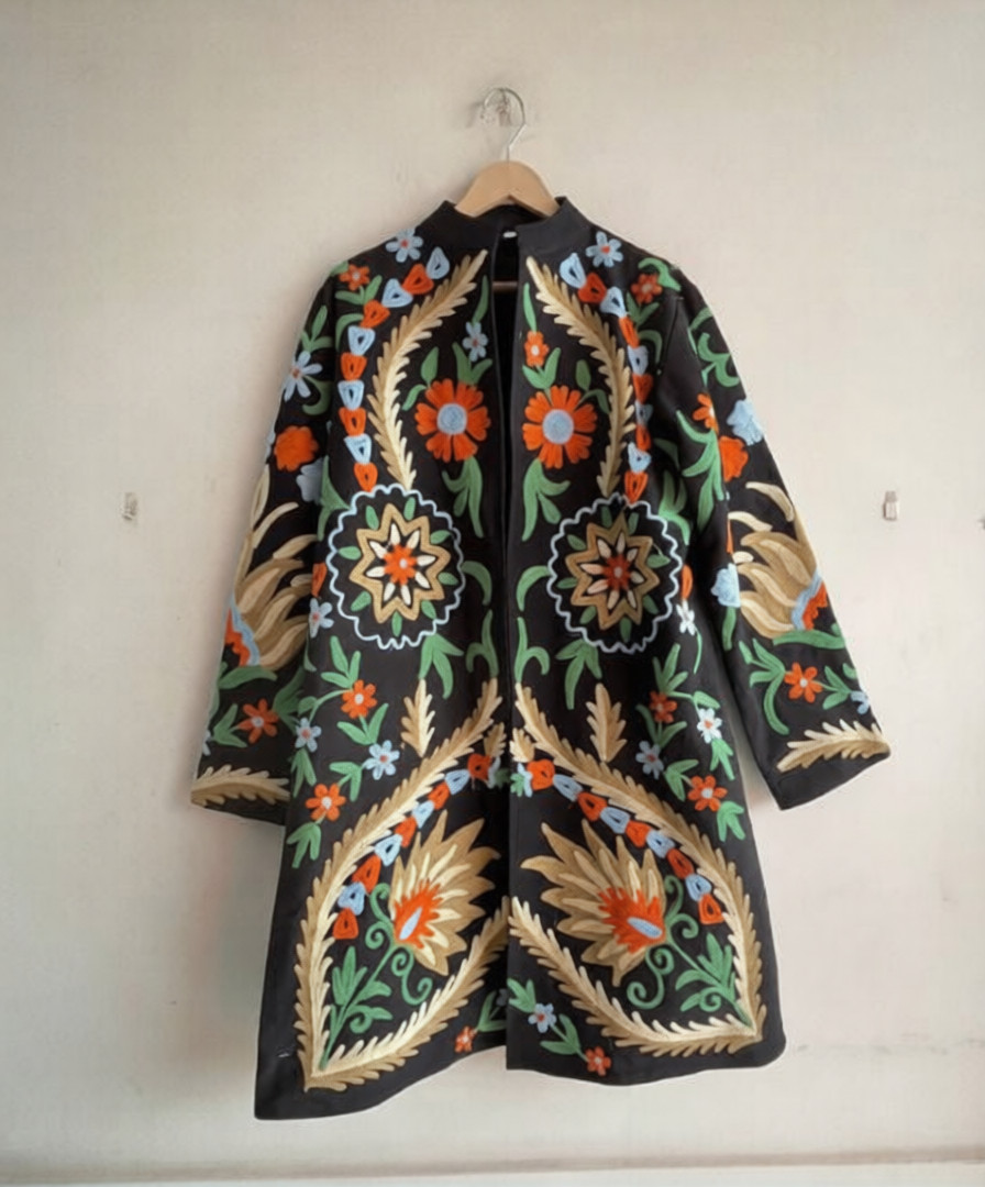 Vintage Suzani Embroidered Black Coat Long Jacket Duster Kaftan Kimono Boho Coat