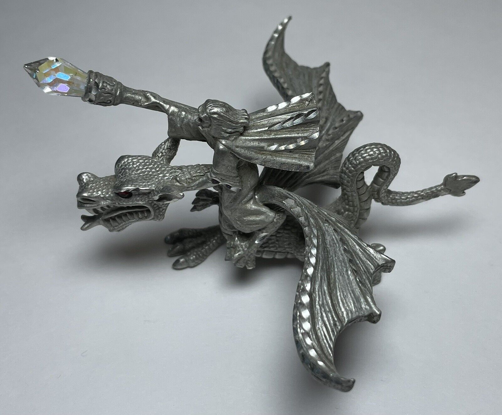 Masterworks 1989 Fine Pewter Wizard Riding Winged Dragon Figurine Crystal Staff