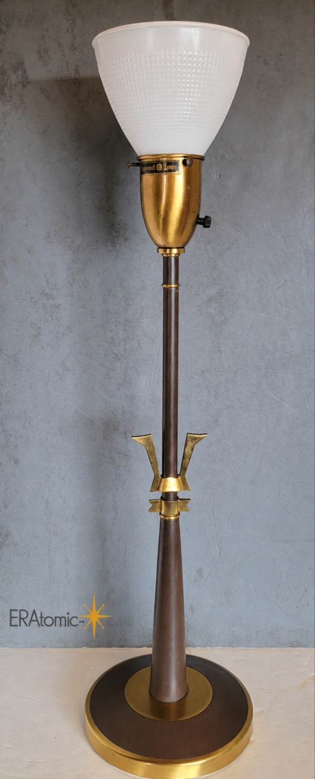 Vintage MCM 1950s Rembrandt Tall Brass Trident Lamp Glass Diffuser 27.5\